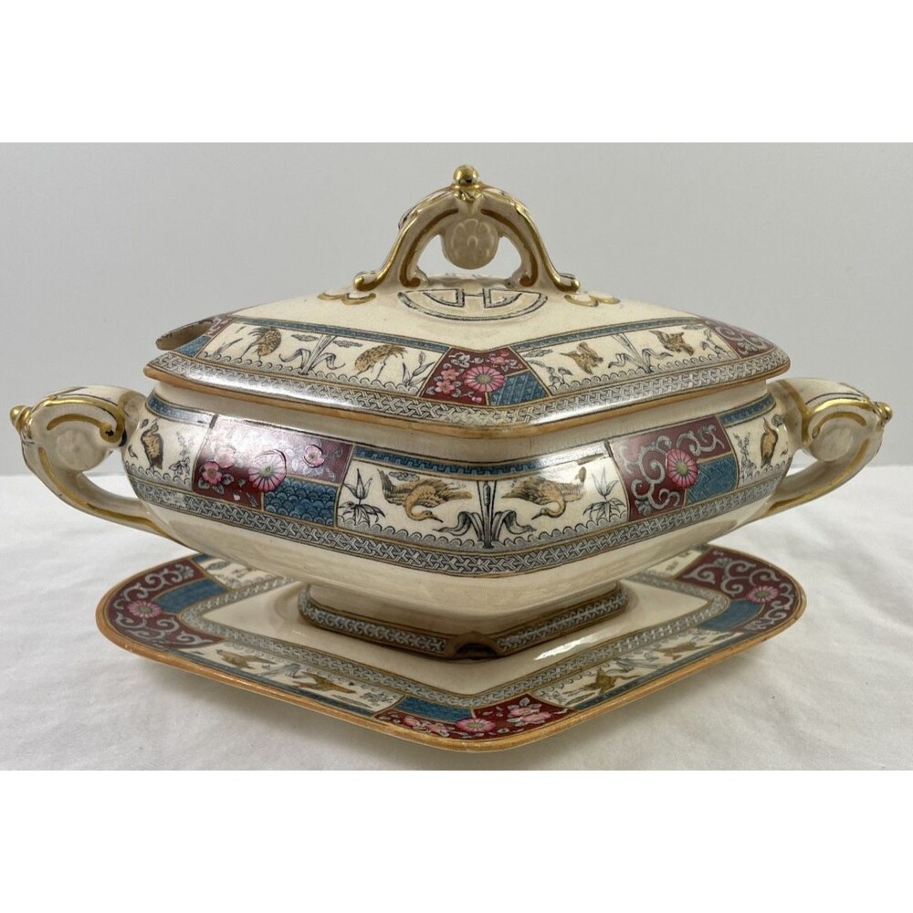 B. G & W Kioto Lidded Soup Gravy Tureen w/ Underplate Serving Antique Rare 1800s